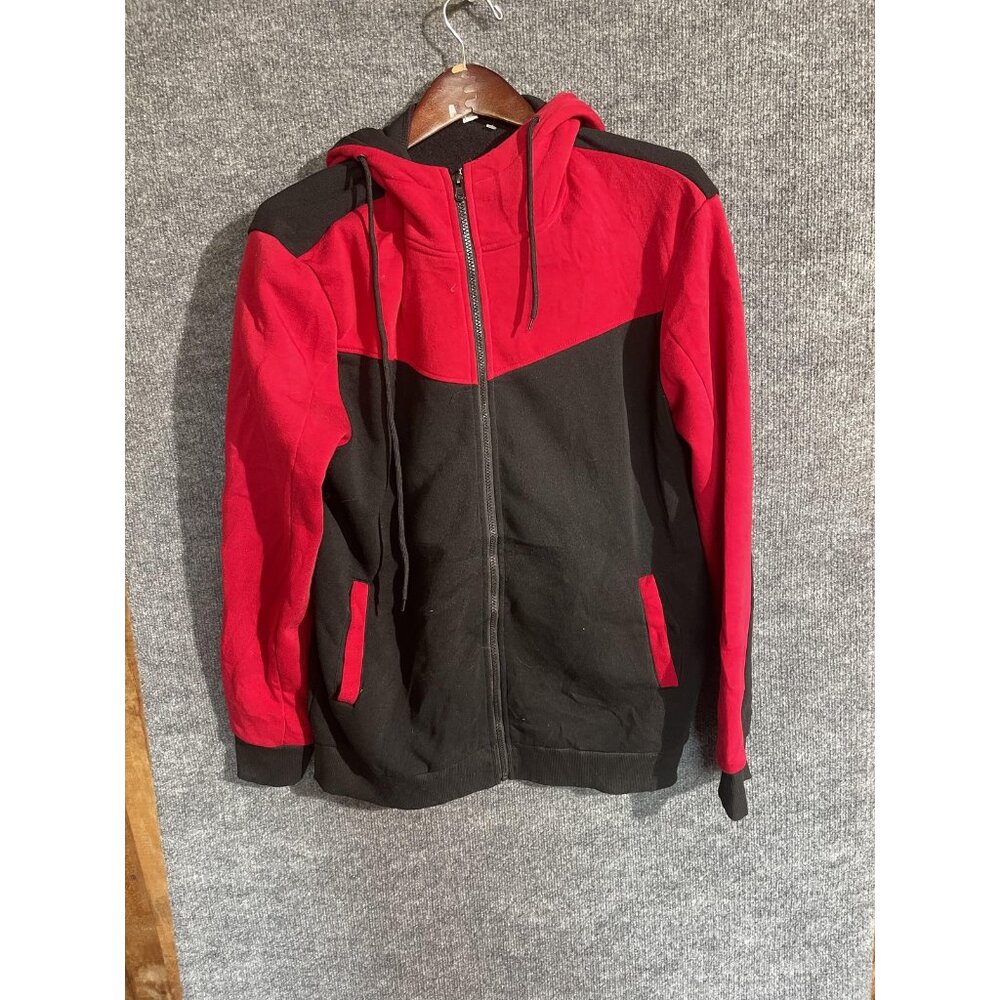 Hoodie Sweatshirt Mens XL Black Red Full Zip Fleece Pockets Colorblock Geometric